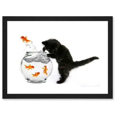 Artery8 Black Kitten Cat Goldfish Bowl Wall Art PrintA4 Size from B&Q