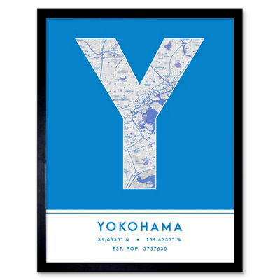 Wee Blue Coo Blue Wee Coo Framed Wall Art Yokohama Japan City Map Modern Typography Stylish Letter Word - 12X16 Inch
