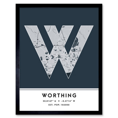 Wee Blue Coo Framed Wall Art Worthing England United Kingdom City Map Modern Typography Stylish Letter Word12X16 Inch from B&Q