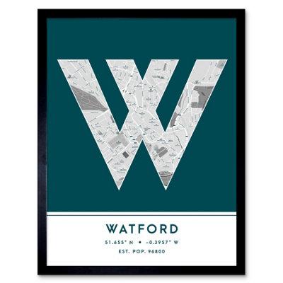 Wee Blue Coo Blue Wee Coo Framed Wall Art Watford England United Kingdom City Map Modern Typography Stylish Letter Word - 12X16 Inch