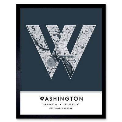 B&Q -  Framed Wall Art Washington United States City Map Modern Typography Stylish Letter Word12X16 Inch