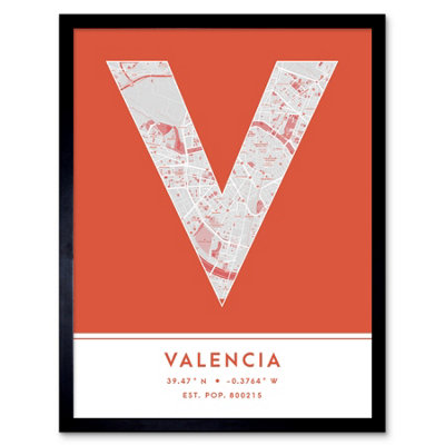 Wee Blue Coo Framed Wall Art Valencia Spain City Map Modern Typography Stylish Letter Word12X16 Inch from B&Q