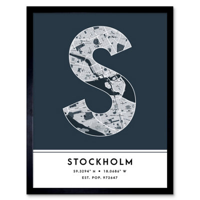 B&Q -  Framed Wall Art Stockholm Sweden City Map Modern Typography Stylish Letter Word12X16 Inch