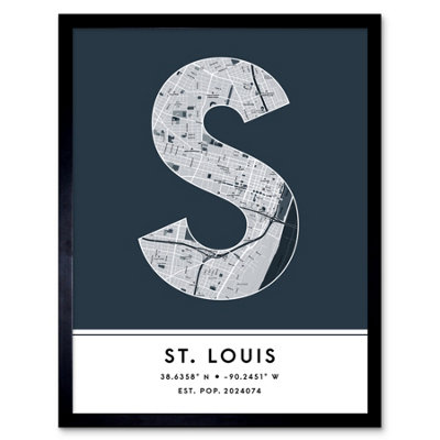 Wee Blue Coo Framed Wall Art St Louis Missouri United States City Map Modern Typography Stylish Letter Word – 12X16 Inch