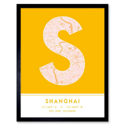 Wee Blue Coo Blue Wee Coo Framed Wall Art Shanghai China City Map Modern Typography Stylish Letter Word - 12X16 Inch