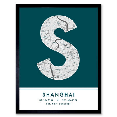 Wee Blue Coo Blue Wee Coo Framed Wall Art Shanghai China City Map Modern Typography Stylish Letter Word - 12X16 Inch