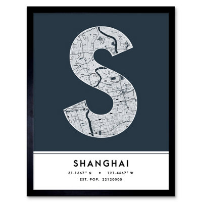 Wee Blue Coo Blue Wee Coo Framed Wall Art Shanghai China City Map Modern Typography Stylish Letter Word - 12X16 Inch