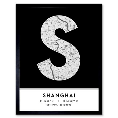 Wee Blue Coo Blue Wee Coo Framed Wall Art Shanghai China City Map Modern Typography Stylish Letter Word - 12X16 Inch