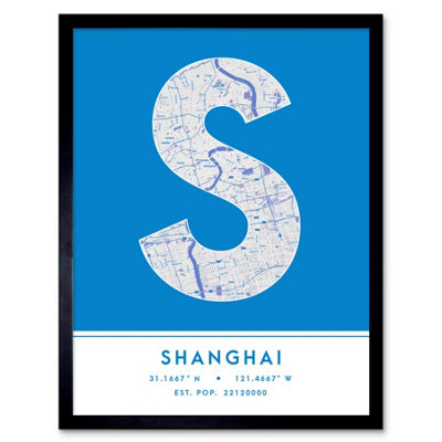 Wee Blue Coo Blue Wee Coo Framed Wall Art Shanghai China City Map Modern Typography Stylish Letter Word - 12X16 Inch