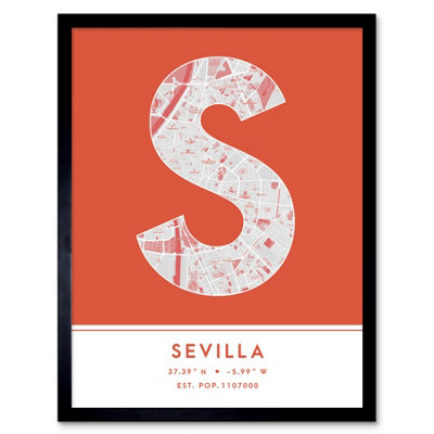 Wee Blue Coo Framed Wall Art Seville Spain City Map Modern Typography Stylish Letter Word12X16 Inch from B&Q