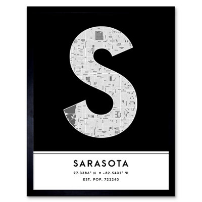 B&Q -  Framed Wall Art Sarasota Florida United States City Map Modern Typography Stylish Letter Word12X16 Inch