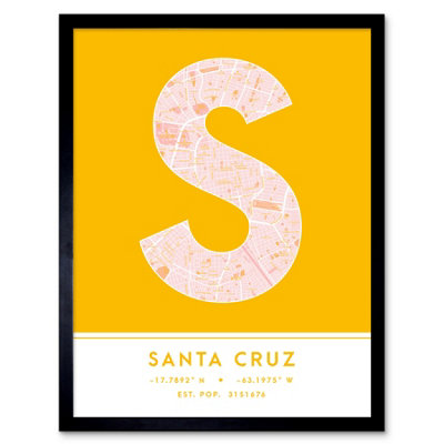 Wee Blue Coo Blue Wee Coo Framed Wall Art Santa Cruz Bolivia City Map Modern Typography Stylish Letter Word - 12X16 Inch