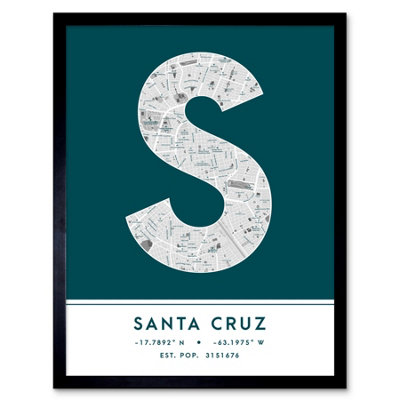 Wee Blue Coo Blue Wee Coo Framed Wall Art Santa Cruz Bolivia City Map Modern Typography Stylish Letter Word - 12X16 Inch