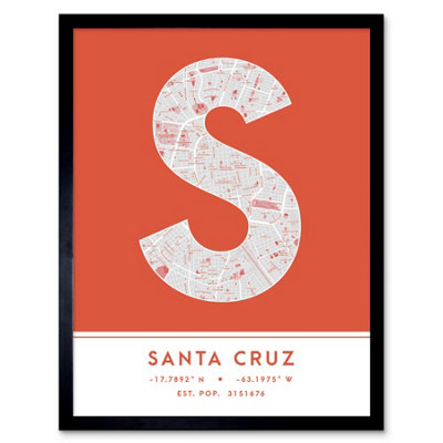Wee Blue Coo Blue Wee Coo Framed Wall Art Santa Cruz Bolivia City Map Modern Typography Stylish Letter Word - 12X16 Inch