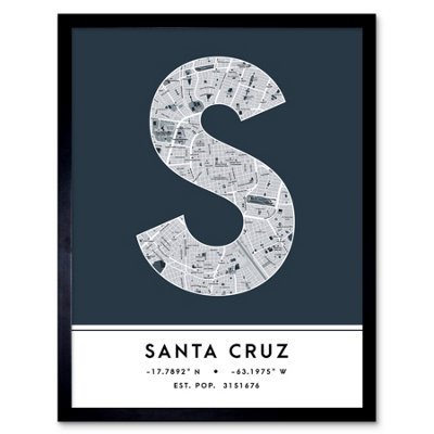 Wee Blue Coo Blue Wee Coo Framed Wall Art Santa Cruz Bolivia City Map Modern Typography Stylish Letter Word - 12X16 Inch