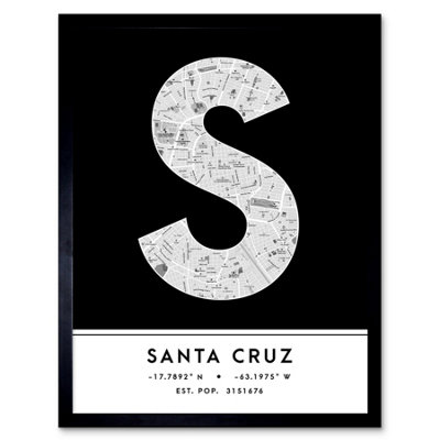 Wee Blue Coo Blue Wee Coo Framed Wall Art Santa Cruz Bolivia City Map Modern Typography Stylish Letter Word - 12X16 Inch