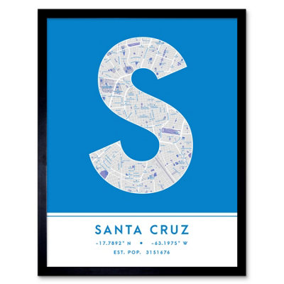 Wee Blue Coo Blue Wee Coo Framed Wall Art Santa Cruz Bolivia City Map Modern Typography Stylish Letter Word - 12X16 Inch