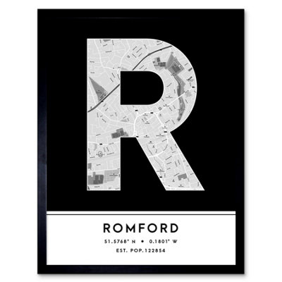 B&Q -  Framed Wall Art Romford England United Kingdom City Map Modern Typography Stylish Letter Word12X16 Inch
