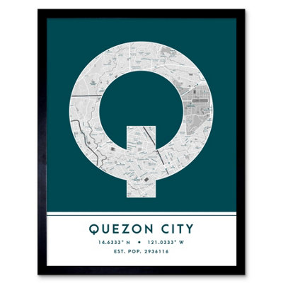 Wee Blue Coo Framed Wall Art Quezon City Philippines City Map Modern Typography Stylish Letter Word12X16 Inch from B&Q