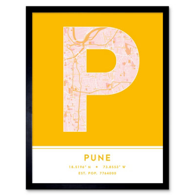 Wee Blue Coo Blue Wee Coo Framed Wall Art Pune India City Map Modern Typography Stylish Letter Word - 12X16 Inch