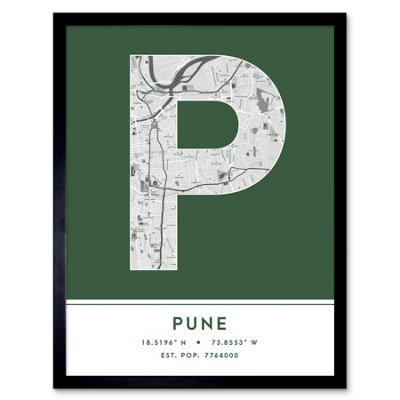 Wee Blue Coo Blue Wee Coo Framed Wall Art Pune India City Map Modern Typography Stylish Letter Word - 12X16 Inch