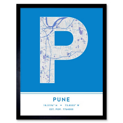 Wee Blue Coo Blue Wee Coo Framed Wall Art Pune India City Map Modern Typography Stylish Letter Word - 12X16 Inch