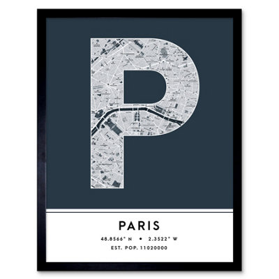 Wee Blue Coo Framed Wall Art Paris France City Map Modern Typography Stylish Letter Word12X16 Inch from B&Q