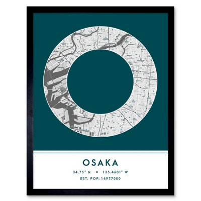 Wee Blue Coo Blue Wee Coo Framed Wall Art Osaka Japan City Map Modern Typography Stylish Letter Word - 12X16 Inch
