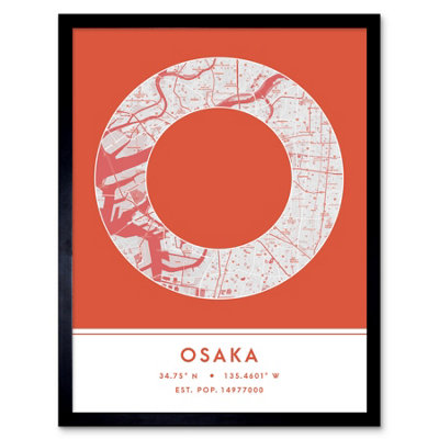 Wee Blue Coo Blue Wee Coo Framed Wall Art Osaka Japan City Map Modern Typography Stylish Letter Word - 12X16 Inch