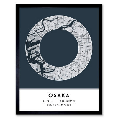 Wee Blue Coo Blue Wee Coo Framed Wall Art Osaka Japan City Map Modern Typography Stylish Letter Word - 12X16 Inch