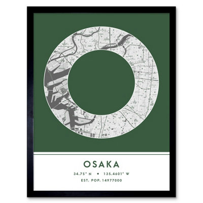 Wee Blue Coo Blue Wee Coo Framed Wall Art Osaka Japan City Map Modern Typography Stylish Letter Word - 12X16 Inch
