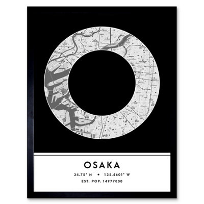Wee Blue Coo Blue Wee Coo Framed Wall Art Osaka Japan City Map Modern Typography Stylish Letter Word - 12X16 Inch