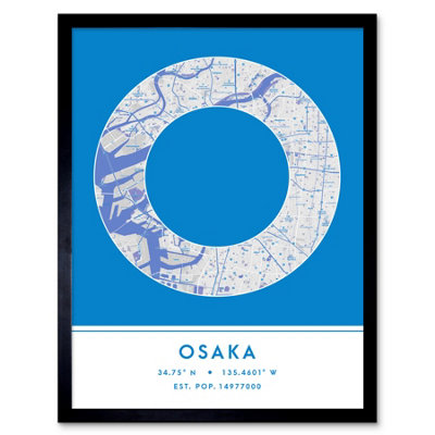 Wee Blue Coo Blue Wee Coo Framed Wall Art Osaka Japan City Map Modern Typography Stylish Letter Word - 12X16 Inch