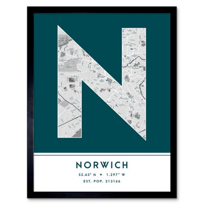Wee Blue Coo Blue Wee Coo Framed Wall Art Norwich England United Kingdom City Map Modern Typography Stylish Letter Word - 12X16 Inch