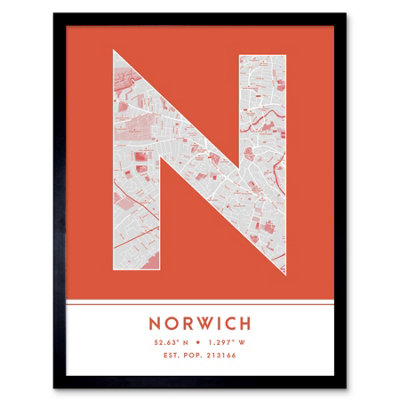 Wee Blue Coo Blue Wee Coo Framed Wall Art Norwich England United Kingdom City Map Modern Typography Stylish Letter Word - 12X16 Inch