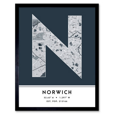 Wee Blue Coo Blue Wee Coo Framed Wall Art Norwich England United Kingdom City Map Modern Typography Stylish Letter Word - 12X16 Inch
