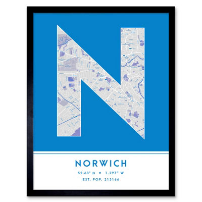 Wee Blue Coo Blue Wee Coo Framed Wall Art Norwich England United Kingdom City Map Modern Typography Stylish Letter Word - 12X16 Inch