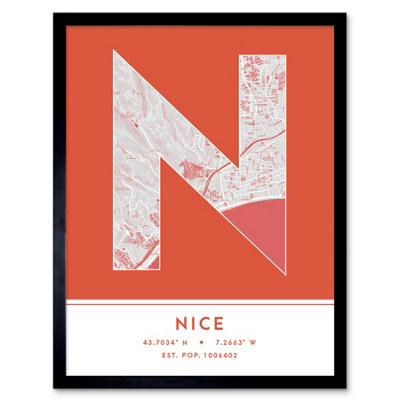 Wee Blue Coo Framed Wall Art Nice France City Map Modern Typography Stylish Letter Word12X16 Inch from B&Q