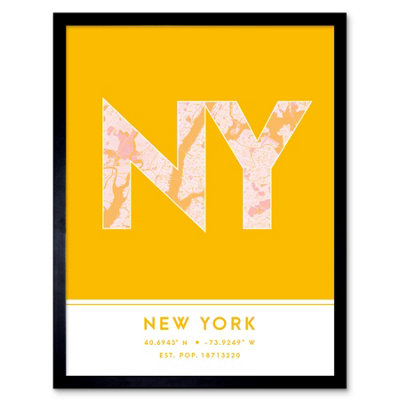 B&Q -  Framed Wall Art New York Nyc United States City Map Modern Typography Stylish Letter Word12X16 Inch