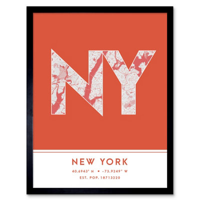 B&Q -  Framed Wall Art New York Nyc United States City Map Modern Typography Stylish Letter Word12X16 Inch