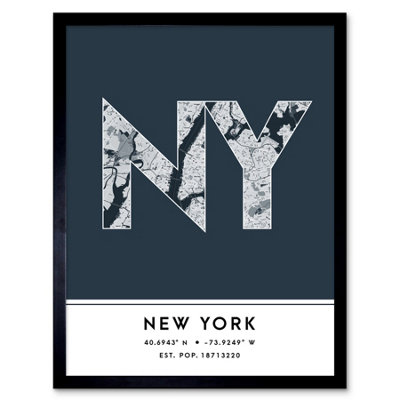 B&Q -  Framed Wall Art New York Nyc United States City Map Modern Typography Stylish Letter Word12X16 Inch