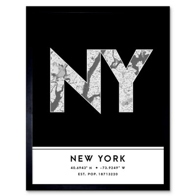B&Q -  Framed Wall Art New York Nyc United States City Map Modern Typography Stylish Letter Word12X16 Inch
