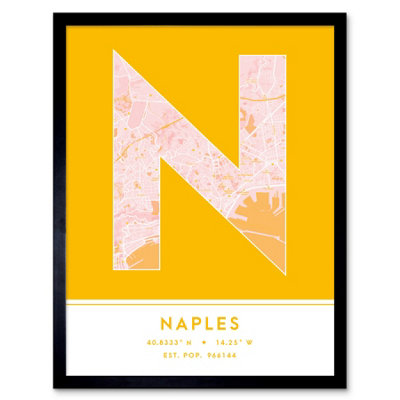 B&Q -  Framed Wall Art Naples Italy City Map Modern Typography Stylish Letter Word12X16 Inch