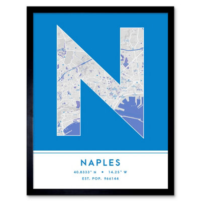 B&Q -  Framed Wall Art Naples Italy City Map Modern Typography Stylish Letter Word12X16 Inch