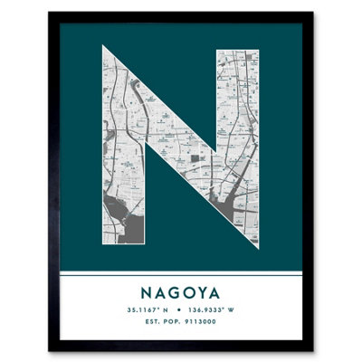 Wee Blue Coo Blue Wee Coo Framed Wall Art Nagoya Japan City Map Modern Typography Stylish Letter Word - 12X16 Inch