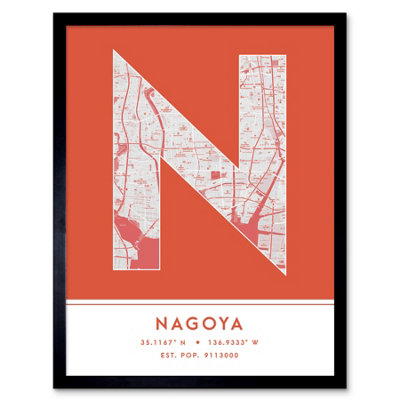 Wee Blue Coo Blue Wee Coo Framed Wall Art Nagoya Japan City Map Modern Typography Stylish Letter Word - 12X16 Inch