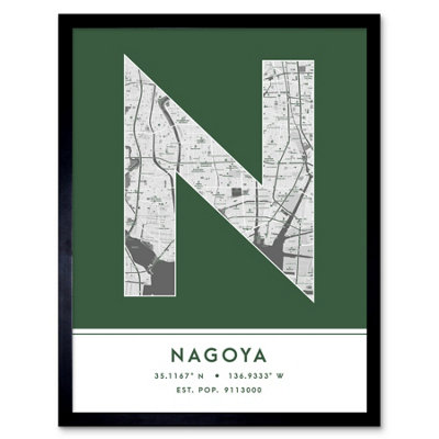 Wee Blue Coo Blue Wee Coo Framed Wall Art Nagoya Japan City Map Modern Typography Stylish Letter Word - 12X16 Inch