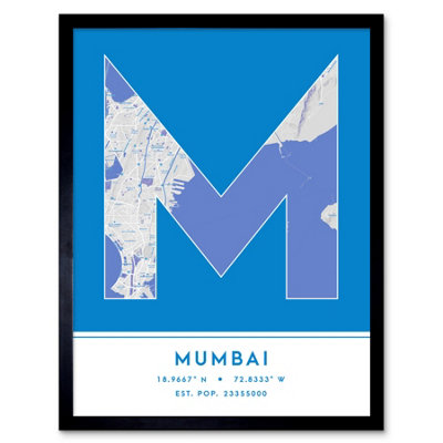 B&Q -  Framed Wall Art Mumbai India City Map Modern Typography Stylish Letter Word12X16 Inch
