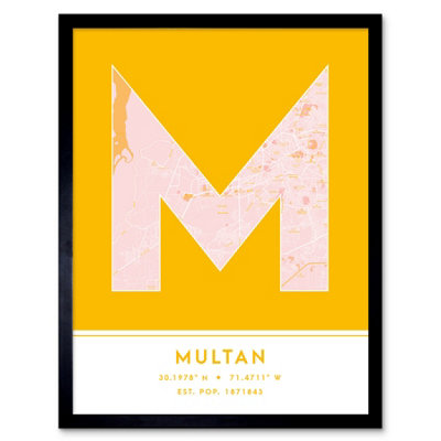 Wee Blue Coo Framed Wall Art Multan Pakistan City Map Modern Typography Stylish Letter Word12X16 Inch from B&Q