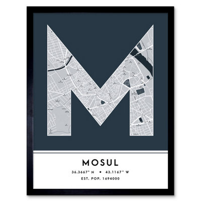 Wee Blue Coo Blue Wee Coo Framed Wall Art Mosul Iraq City Map Modern Typography Stylish Letter Word - 12X16 Inch